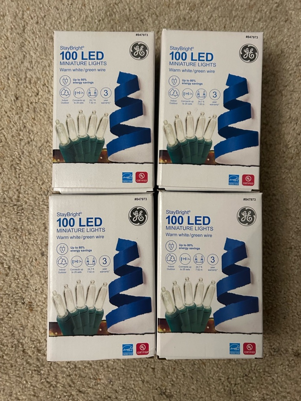 NEW - 4 Sets GE 100 LED miniature Christmas lights in warm white 24.7 feet